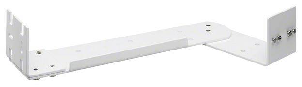 Weißer, metallischer Deckenhalterungsadapter für Montagesysteme, mit mehreren Befestigungslöchern und gebogenen Kanten.