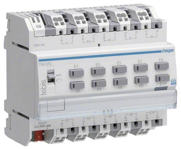 Ein KNX Schaltaktor von Hager, Modell TXA 310, mit zehn Kanälen für Gebäudesteuerung, installiert in einem Schaltschrank.