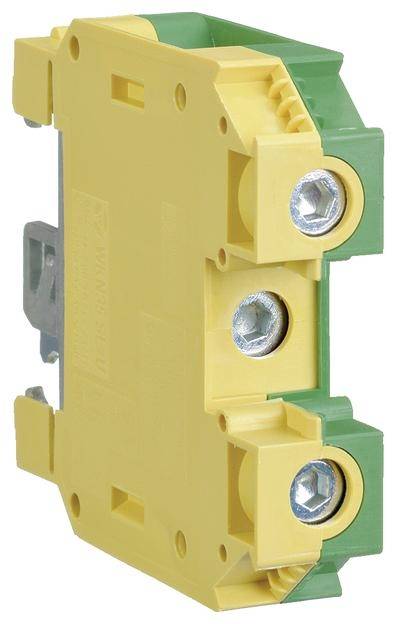 Ein gelb-grüner elektrischer Anschlussklemmenblock mit zwei Metallverschraubungen und einer Halterung an der Seite.