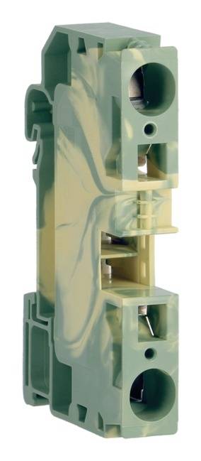 Ein grüner und gelber Klemmenblock aus Kunststoff mit zwei Anschlussöffnungen, der für elektrische Verbindungen verwendet wird.