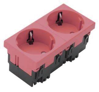 Zwei nebeneinander liegende Steckdosen in rosa Farbe mit schwarzer Basis, geeignet für elektrische Anschlüsse in Wandmontage.