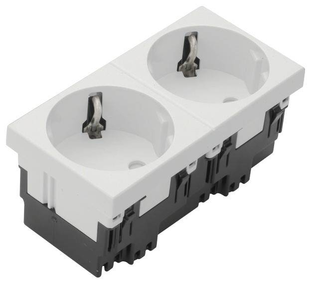 Eine doppelte weiße Steckdose mit schwarzer Basis, geeignet für den Einbau in Wand- oder Möbelbefestigungen.