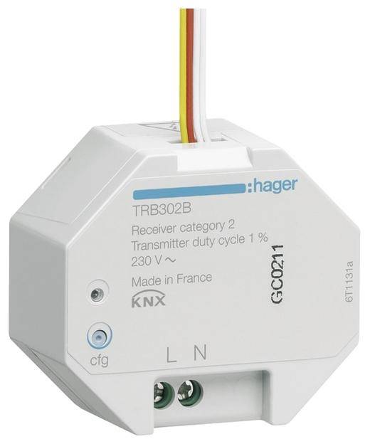 Elektronisches Gerät für Gebäudeautomation, Marke Hager, Modell TRB302B. Nutzt KNX-Technologie, Anschlussklemmen L und N sichtbar.