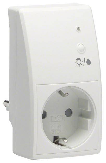 Ein weißer Steckdosenadapter mit einer runden Steckdose und Symbolen für Licht und Temperatur auf der Vorderseite.