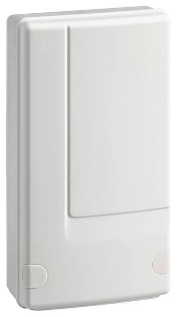 Rechteckige, weiße Kunststoffbox mit dezentraler Vertiefung im Deckel. Sieht aus wie ein technisches Gehäuse oder Schaltschrank.