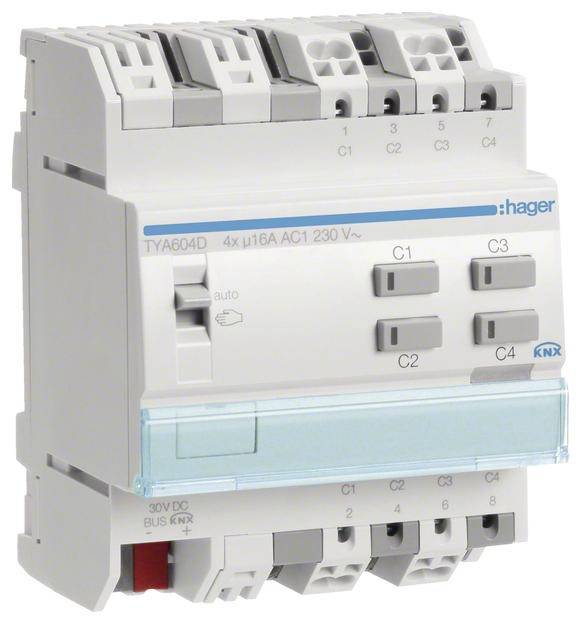 'KNX Schaltaktor TYA604D' von Hager mit vier Kanälen, geeignet für 16A und 230V Anwendungen. Enthält manuelle und automatische Steuerungseinstellungen.