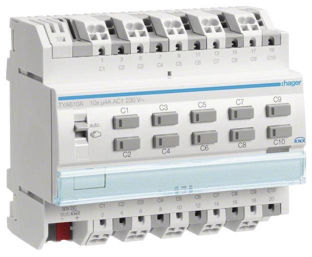 Ein elektrisches Schaltgerät mit mehreren Schaltern und einer Beschriftung 'hager' auf der rechten Seite.