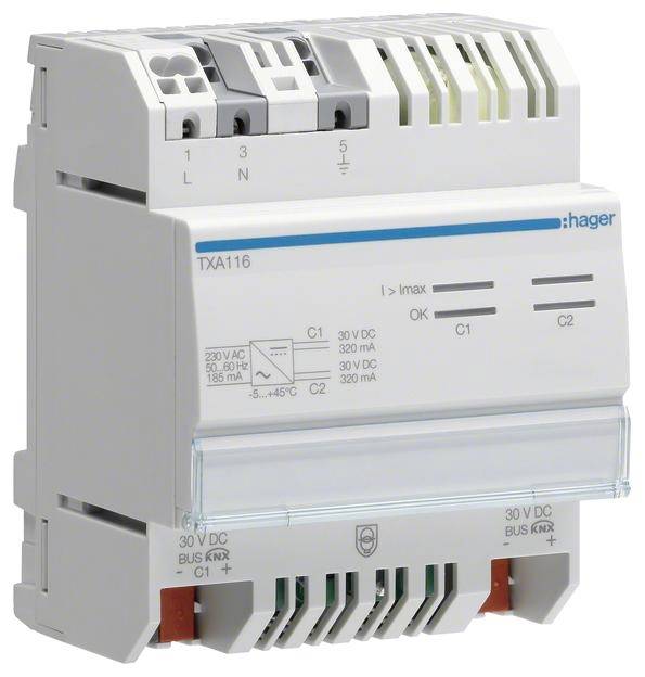 Ein Hager TXA116 KNX-Schaltaktor mit mehreren Anschlussklemmen und einem transparenten Gehäuse, geeignet für Hausautomationssysteme.