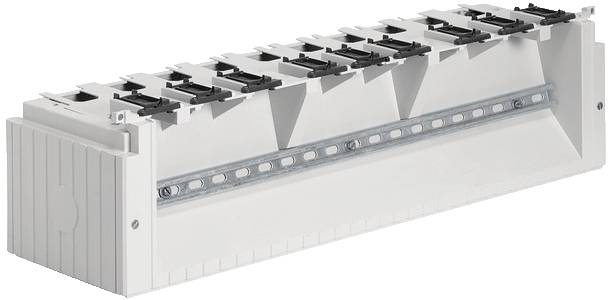 Graues, rechteckiges Elektronikgehäuse mit mehreren schwarzen Halterungen oben; Gehäuse zur Befestigung von elektrischen Komponenten.