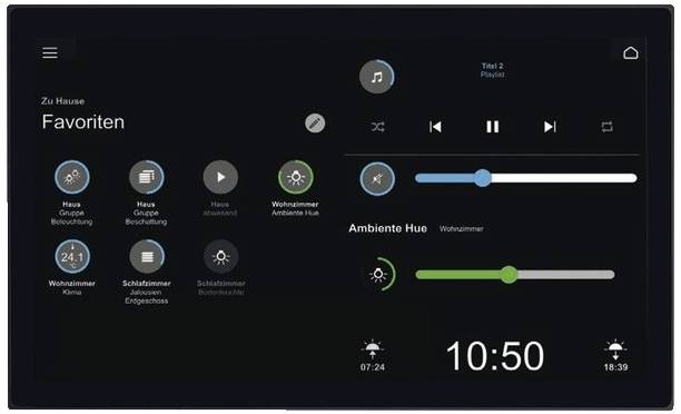 Tablet-Bildschirm mit Smart-Home-Steuerung. Zeigt Favoriten-Icons, Musiksteuerung, Helligkeit und Temperatur in Wohn- und Schlafzimmer. Uhrzeit unten rechts: 10:50 Uhr.