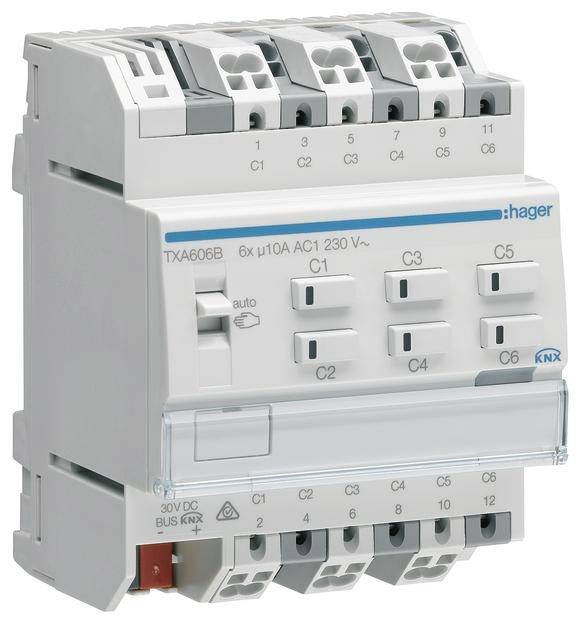 Ein elektrisches Schaltgerät mit mehreren Anschlüssen und einem transparenten Abdeckungsbereich. Markierungen mit 'KNX' und 'Hager'.