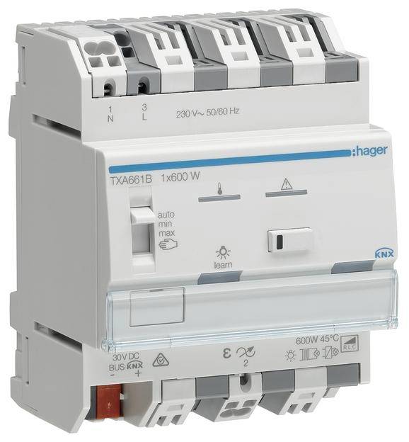 Ein weißer Hager KNX-Schaltaktor mit drei Schaltern, Modellnummer TXA661B, für 230 V, 50/60 Hz. Er verfügt über Einstellungsoptionen für Auto, Min, Max und eine Lernfunktion.
