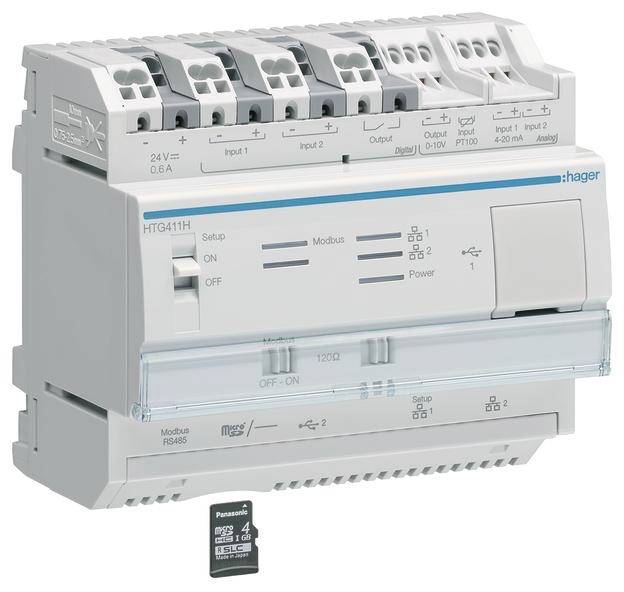 Ein Schaltgerät mit mehreren Eingängen und Ausgängen, Anzeige-LEDs, Setup-Knopf und einem dazugehörigen SD-Kartenslot.