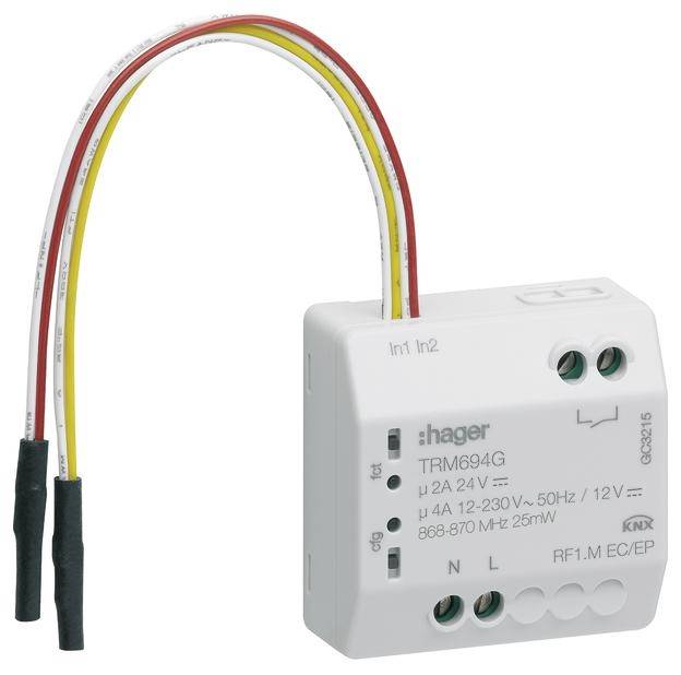 Zweikanaliger KNX-Funkaktor von Hager mit Modellnummer TRM694G. Er zeigt Anschlüsse für Kabel und technische Spezifikationen.