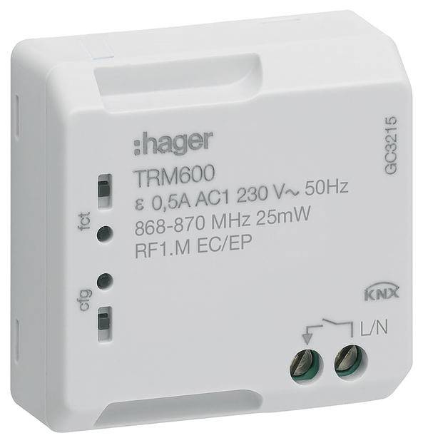 Weißes Hager TRM600 Funkmodul mit technischen Spezifikationen: 0,5A, 230V, 50Hz, 868-870 MHz, 25mW, KNX-kompatibel, seitliche Anschlüsse.