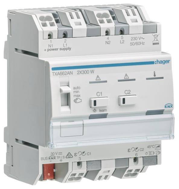 Ein KNX Schaltaktor von Hager, Modell TXA662A, zur Steuerung von elektrischen Lasten. Zeigt Schalter und Anschlüsse für Hausautomation.
