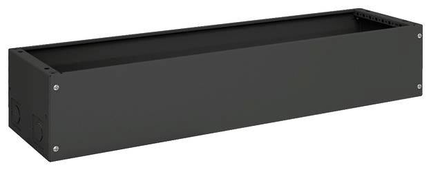 Ein rechteckiges, schwarzes Metallgehäuse, das auf einem weißen Hintergrund dargestellt ist.