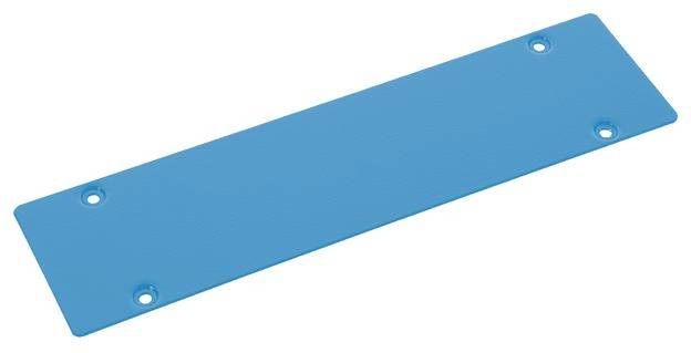 Ein rechteckiges, flaches, blaues Plastikteil mit abgerundeten Ecken und vier Bohrlöchern für Befestigungsschrauben.