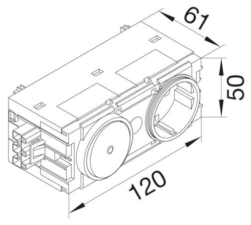 Technische Zeichnung eines rechteckigen Gehäuses mit abnehmbaren Blenden. Maße: 120 mm Länge, 61 mm Breite, 50 mm Höhe.