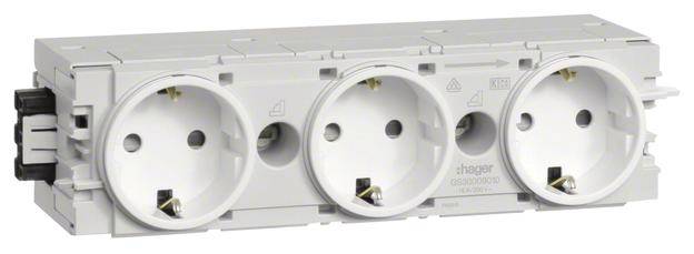 Drei weiße Steckdosen nebeneinander auf einer grauen Trägerplatte, geeignet für europäische Stecker, mit Schutzkontakt und Kindersicherung.