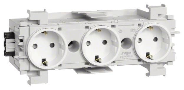 Dreifach-Steckdose in weiß, geeignet für den Einsatz in elektrischen Installationen, mit Schutzkontakten und Montagerahmen.