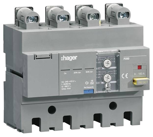 Ein vierpoliger Leistungsschalter von Hager zur Steuerung und Absicherung von elektrischen Stromkreisen, mit Test- und Reset-Funktion.