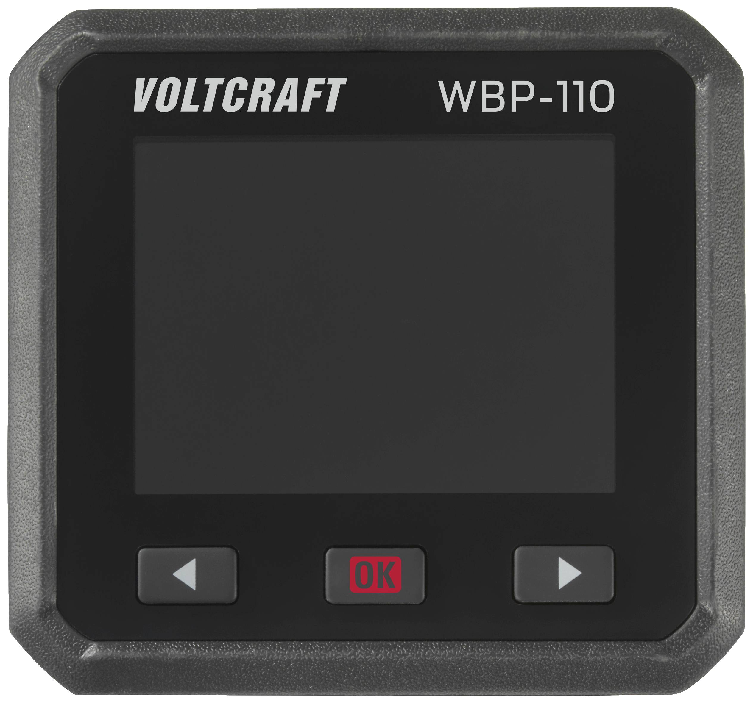 Ein rechteckiges digitales Messgerät mit der Aufschrift 'VOLTCRAFT WBP-110' oben und zwei Pfeiltasten sowie einer OK-Taste unten.