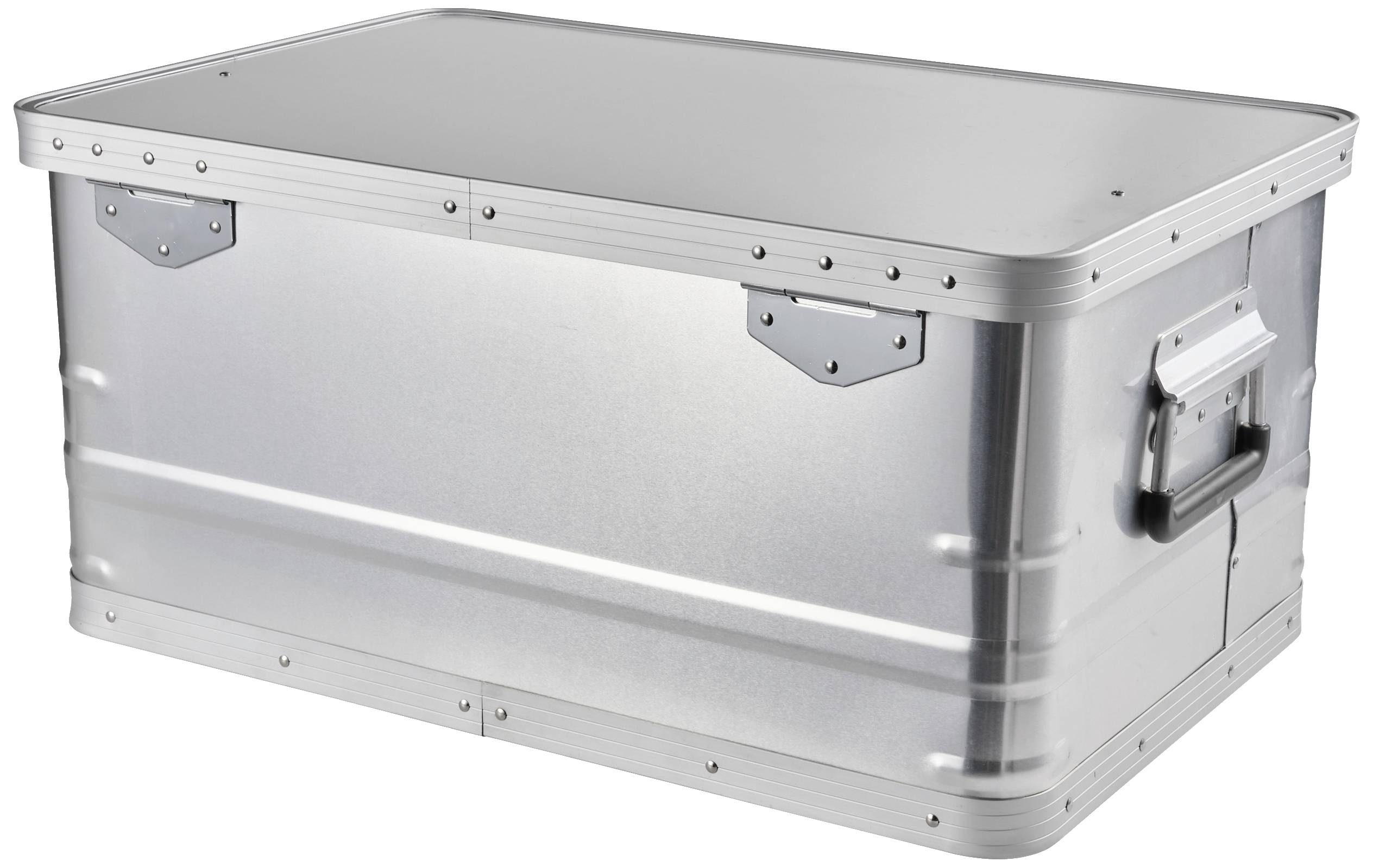 Große silberne Alukiste mit Griffen seitlich und Klappdeckel. Geeignet für Lagerung und Transport.