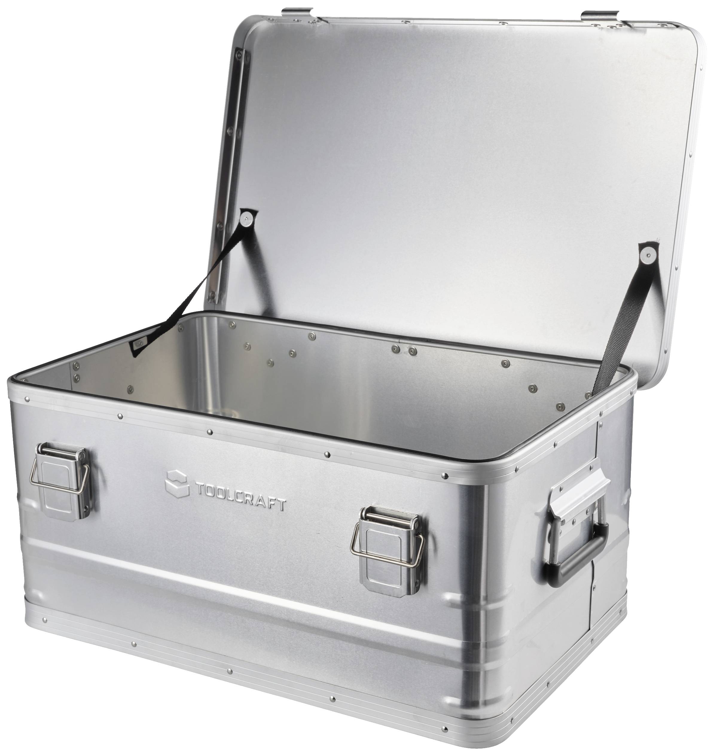Metallkiste aus Aluminium mit offenem Deckel, robuste Griffe an den Seiten. Geeignet für sicheren Transport und Aufbewahrung.