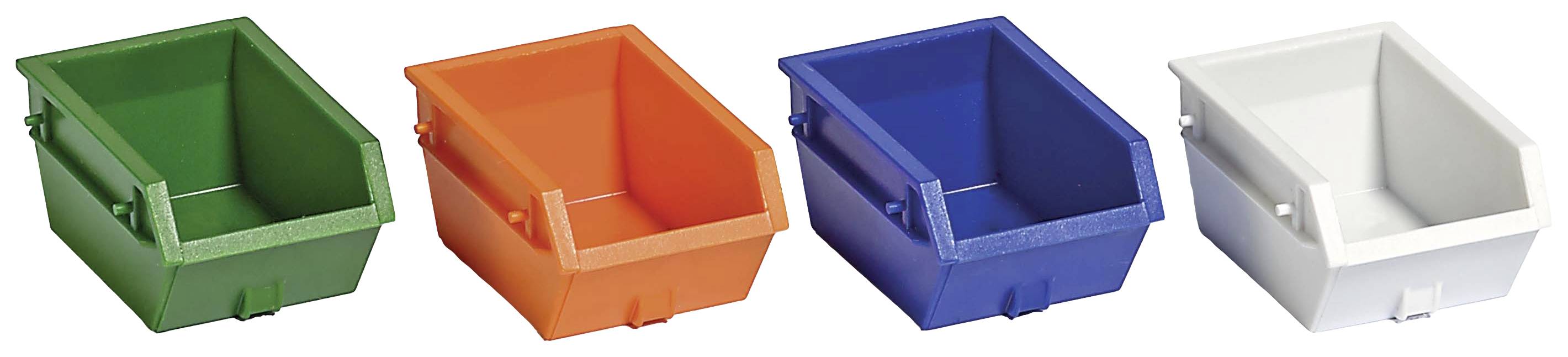 Vier rechteckige Kunststoffbehälter in den Farben Grün, Orange, Blau und Weiß, in einer Reihe angeordnet.