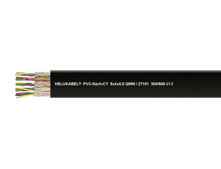 Schwarzes mehradriges Kabel mit freigelegten farbigen Innenleitungen. Aufdruck: 'HELUKABEL PVC-flach-CY 5x4x0,5 QMM/27101 300/500 VCE'.