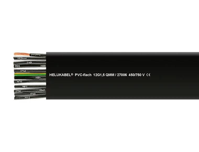 Schwarzes Flachkabel mit mehrfarbigen Innenkabeln und Aufdruck 'HELUKABEL® PVC-flach 12G1,5 QMM / 27006 450/750 V CE'.