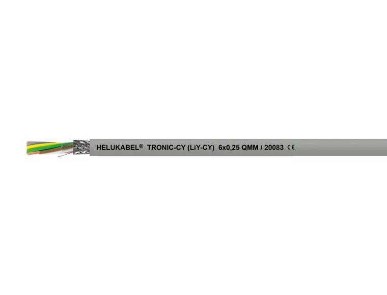 Elektrisches Kabel mit Aufschrift 'HELUKABEL TRONIC-CY (LiY-CY) 6x0,25 QMM / 20083 CE', zeigt mehrere bunte Innenleiter.