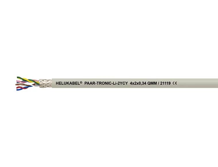Weißes Kabel mit der Aufschrift 'HELUKABEL® PAAR-TRONIC-Li-2YCY 4x2x0,34 QMM / 21119 CE', mehrere bunte Drahtpaare sichtbar.