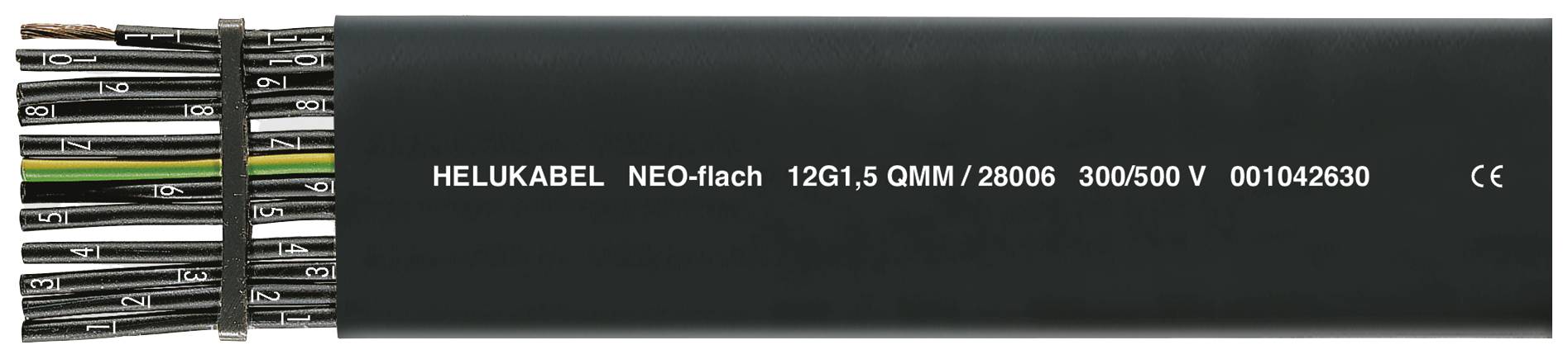 Flachkabel mit schwarzen Ummantelungen und mehreren farbigen Drähten. Aufschrift: 'HELUKABEL NEO-flach 12G1,5QMM/28006 300/500V 001042630'.