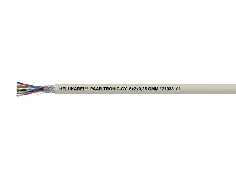 Ein graues Kabel mit der Aufschrift 'HELUKABEL PAAR-TRONIC-CY 6x2x0,25 QMM'. Mehrfarbige Drähte sind am linken Ende sichtbar.