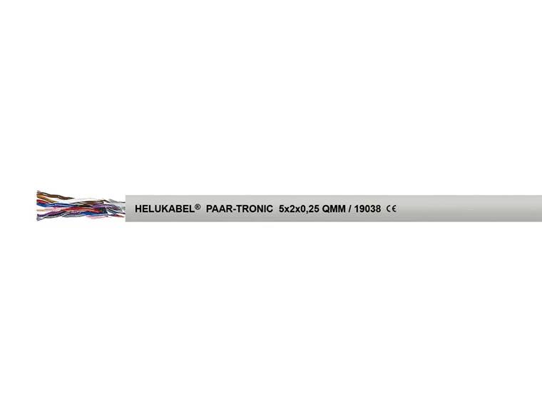 Ein graues Kabel mit sichtbaren, bunten Adern am Ende, bezeichnet mit 'HELUKABEL® PAAR-TRONIC 5x2x0,25 QMM / 19038 CE'.