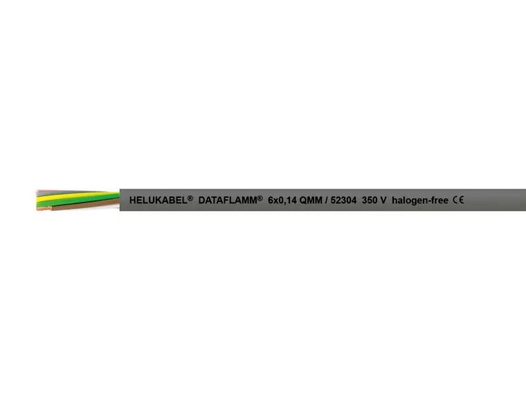 Ein graues Kabel mit der Aufschrift 'HELUKABEL DATAFLAMM 6x0,14 QMM/52304 350 V halogen-free CE', zeigt mehrere bunte Adern.