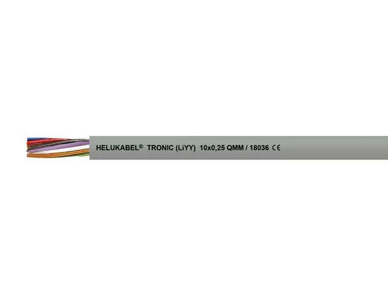 'HELUKABEL TRONIC (LiYY) 10x0,25 QMM / 18036 CE', graues Mehraderkabel mit farbigen Innenleitern.