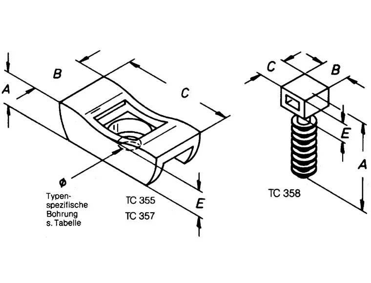 Technische Zeichnung von zwei Werkstücken (TC 355, TC 357 links; TC 358 rechts) mit Bemaßung in Millimetern. Schraubenlayout und Befestigung gezeigt.