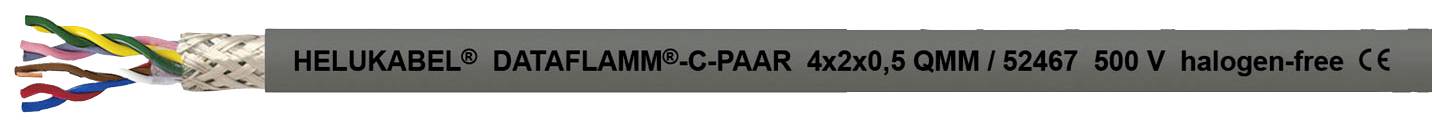Graues abgeschirmtes Kabel mit der Aufschrift 'HELUKABEL D DATAPUR C-PAIR 4x2x0.5 80°C 800V halogen-free'. Farbig isolierte Drähte sichtbar.