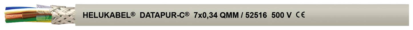 Ein Kabel mit der Aufschrift 'HELUKABEL DATAPUR 7x0,34 QMM 15305 600 V'. Es zeigt mehrere verschiedenfarbige innere Drähte.
