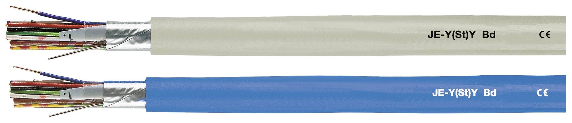 Zwei Kabel, eines mit grauer und eines mit blauer Isolierung, beide mit der Aufschrift 'JE-Y(St)Y Bd' und CE-Kennzeichnung.