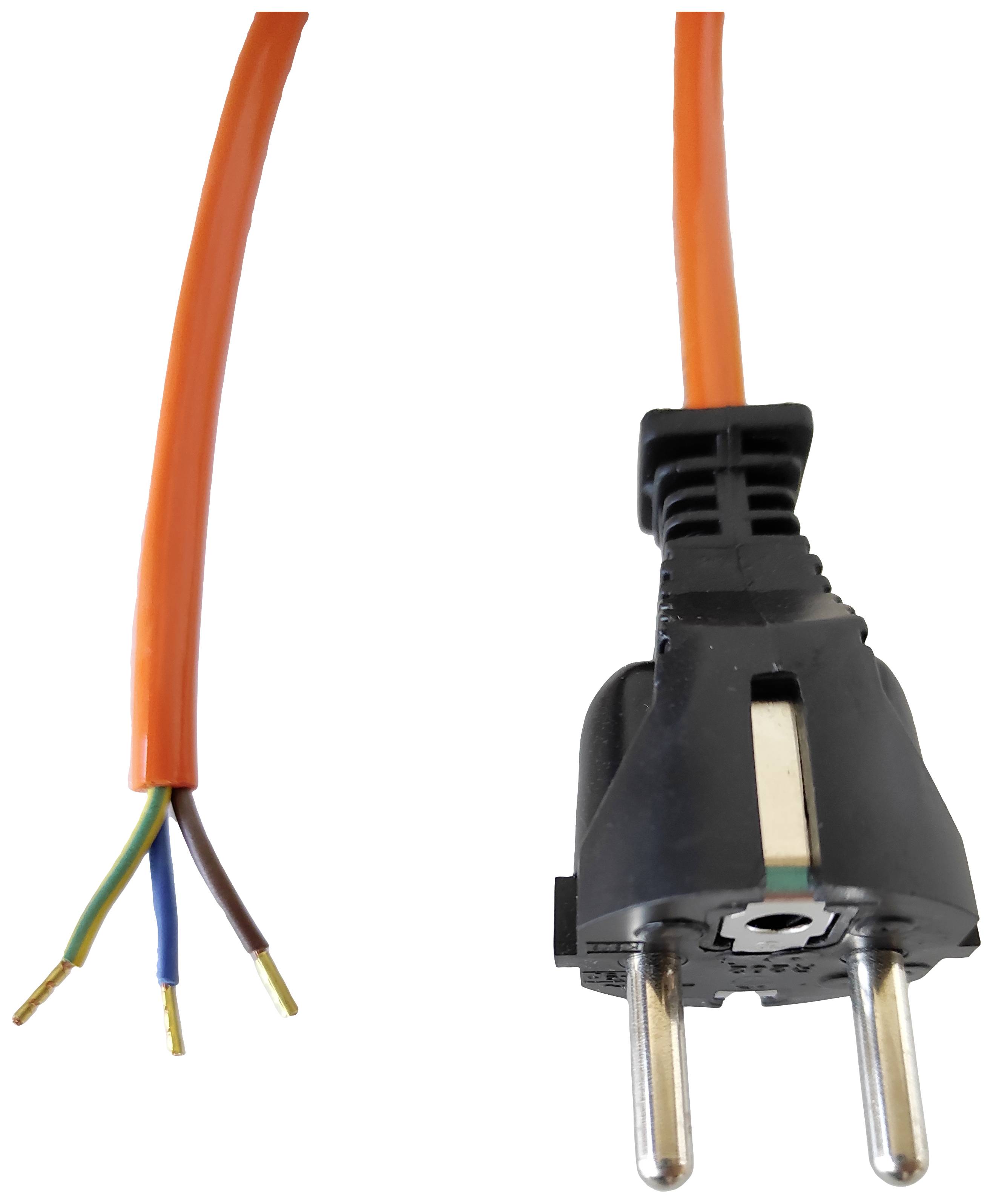 Ein orangefarbenes Stromkabel mit einem Stecker auf der rechten Seite und abisolierten Enden auf der linken Seite, bereit für den Anschluss.