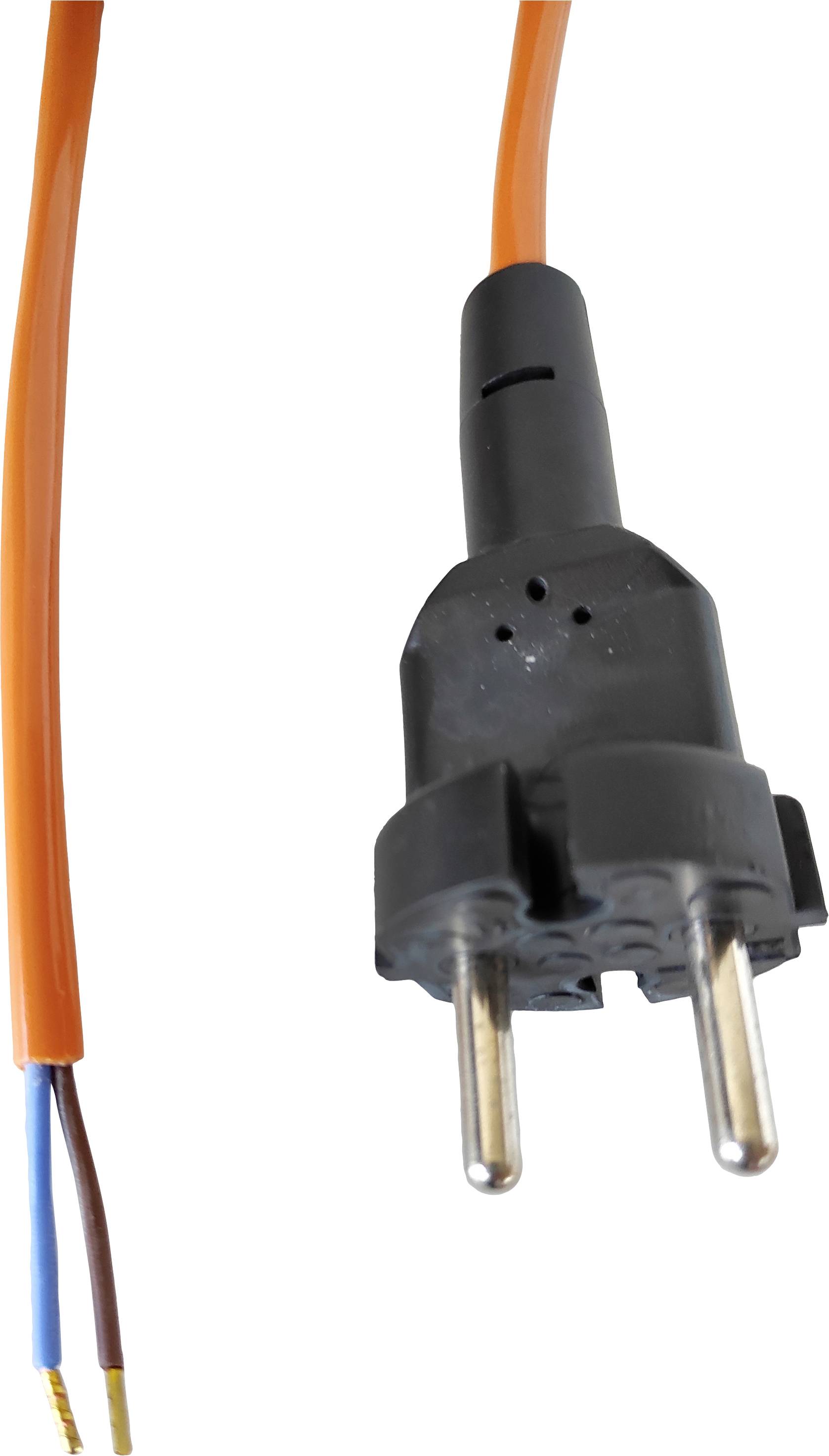 Ein orangefarbenes Stromkabel mit einem schwarzen Eurostecker (Schuko). Am anderen Ende sind freiliegende blaue und braune Drähte.