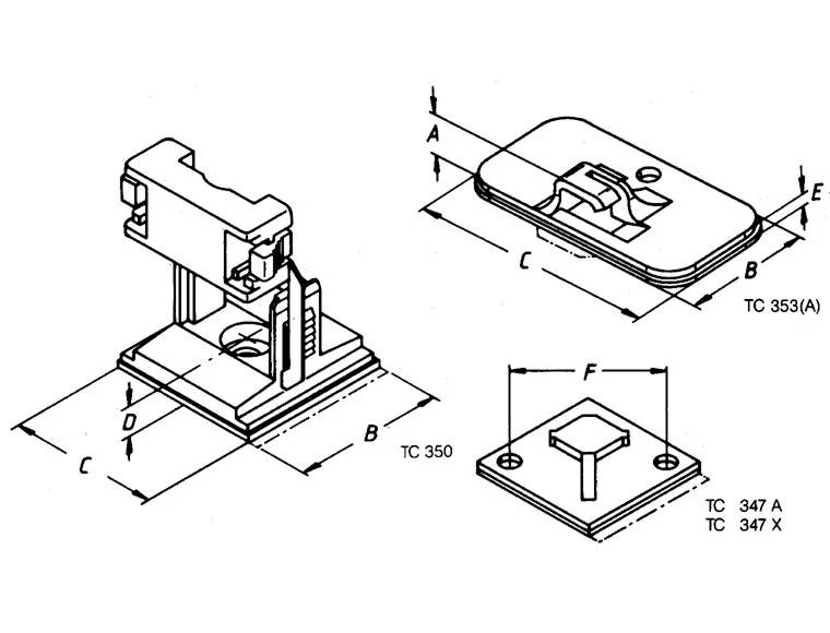 Technische Zeichnung von Montageklemmen mit Abmessungen. Verschiedene Ansichten und Maße sind angegeben.