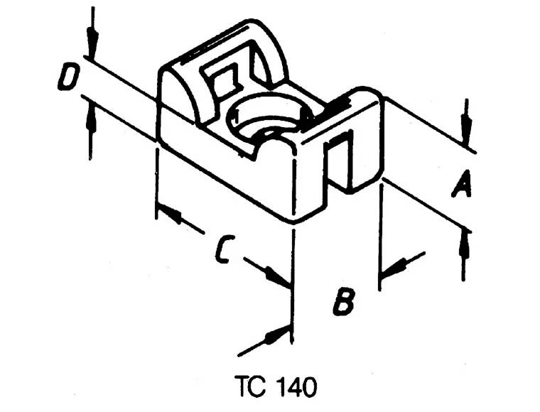 Zeichnung eines rechteckigen Bauteils mit markierten Längen: A, B, C, D. Jede Länge ist mit einem Pfeil gekennzeichnet. Text unten lautet 'TC 140'.