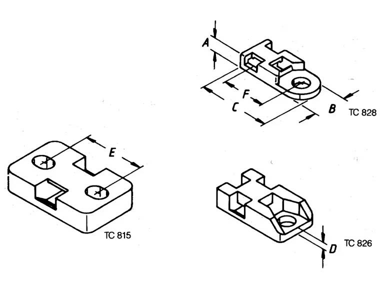 Drei technische Zeichnungen von Verbindungselementen mit Markierungen: Oben rechts 'TC 828', links 'TC 815', unten 'TC 826'. Maße A, B, C, D, E, F sind angegeben.