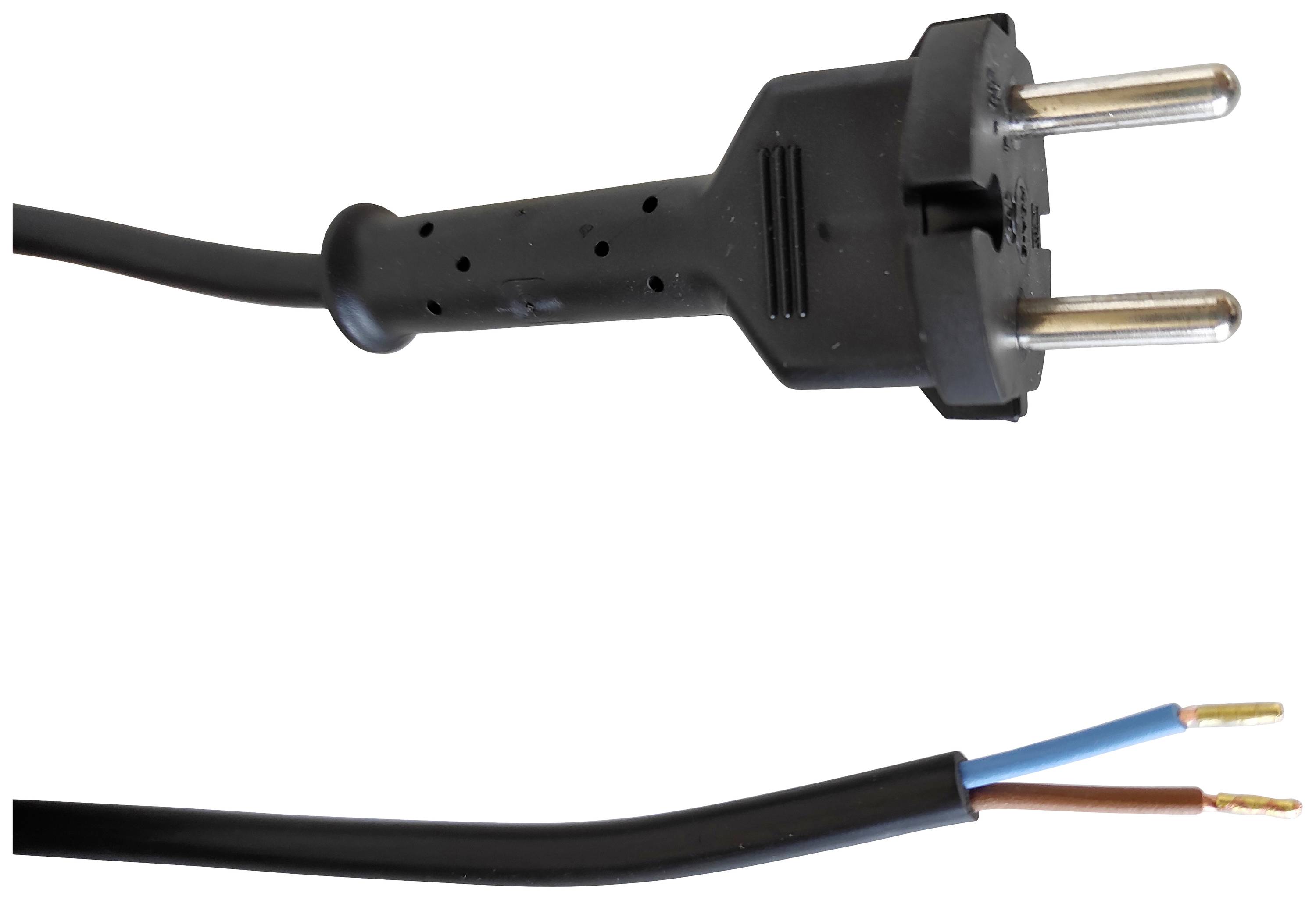 Ein schwarzes Stromkabel mit einem zweipoligen Stecker und zwei freiliegenden Drähten am anderen Ende: ein blauer und ein brauner.