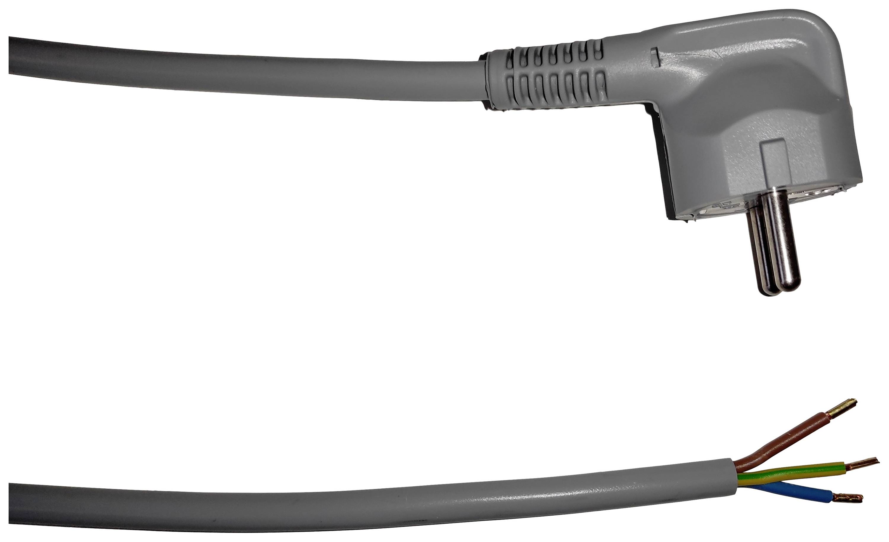 Graues Netzkabel mit abisolierten Enden und einem Europastecker.
